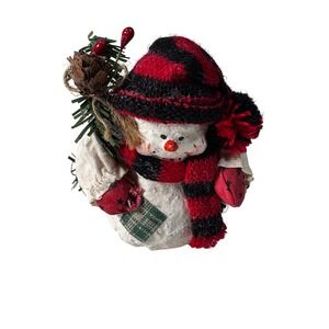 Handmade Snowman Ornament Red Black Striped Hat Scarf Pine Cone Accent